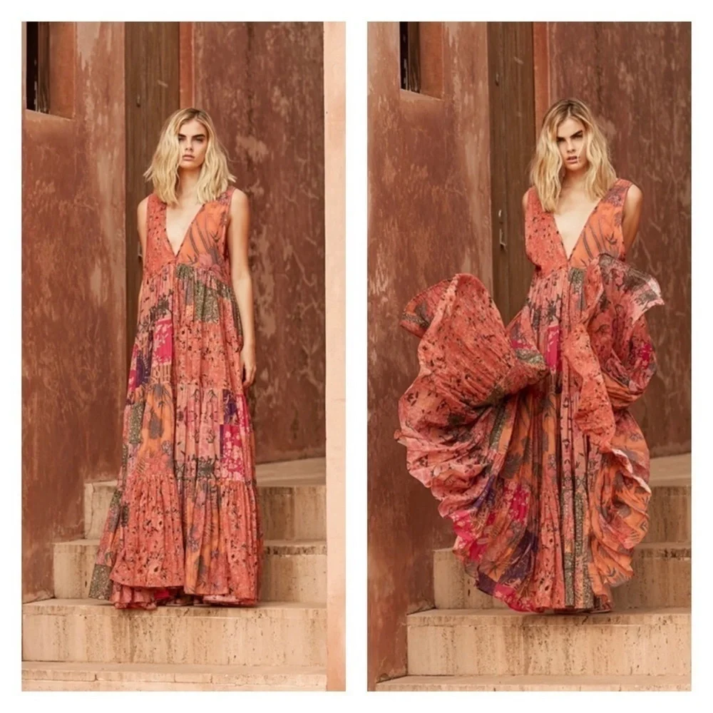 Mes Demoiselles Bonnie Floral Maxi Dress Deep V Boho Multicolor 38